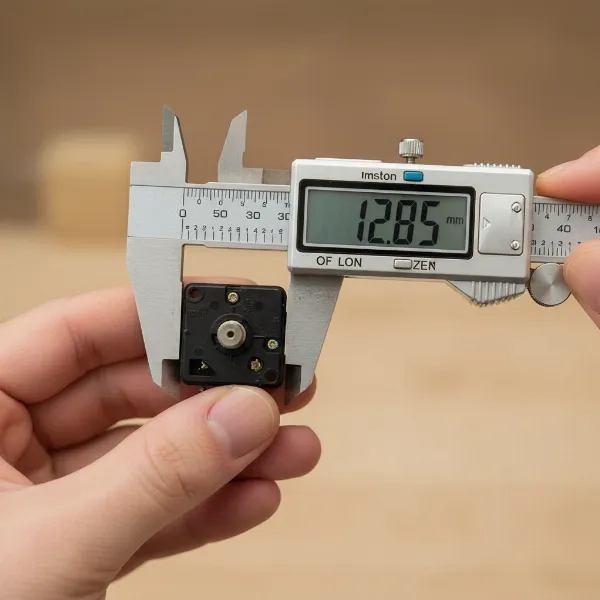 A person accurately measuring the shaft length of a quartz clock movement with digital calipers.