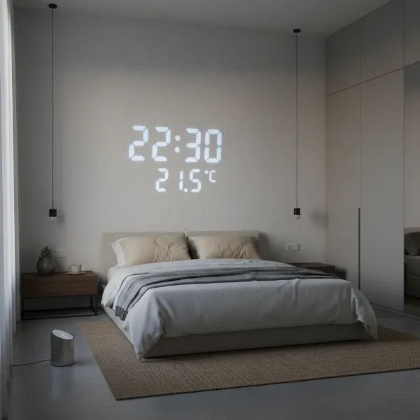 A minimalist bedroom with a projection clock displaying time on a clean wall.