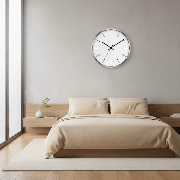 Elegant minimalist silent wall clock in a modern bedroom, promoting a peaceful atmosphere.