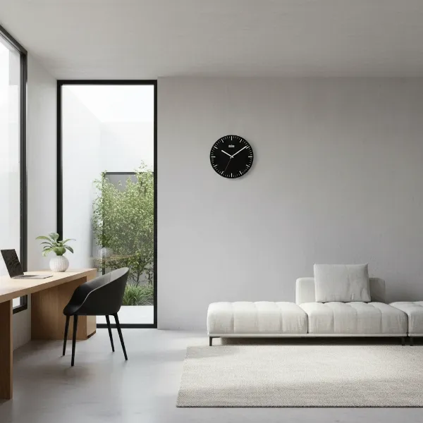 Braun Classic Analogue Wall Clock integrated into a modern minimalist living room.