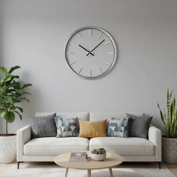 A large, stylish modern wall clock acting as a focal point in a contemporary living room.