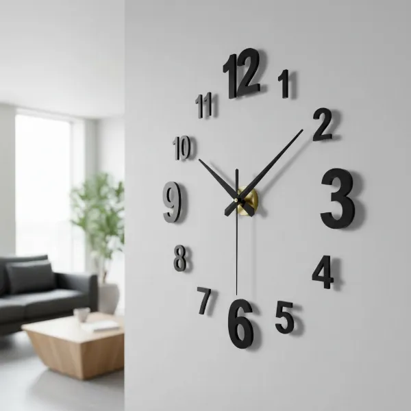 A large, modern 3D frameless DIY wall clock in a minimalist living room.