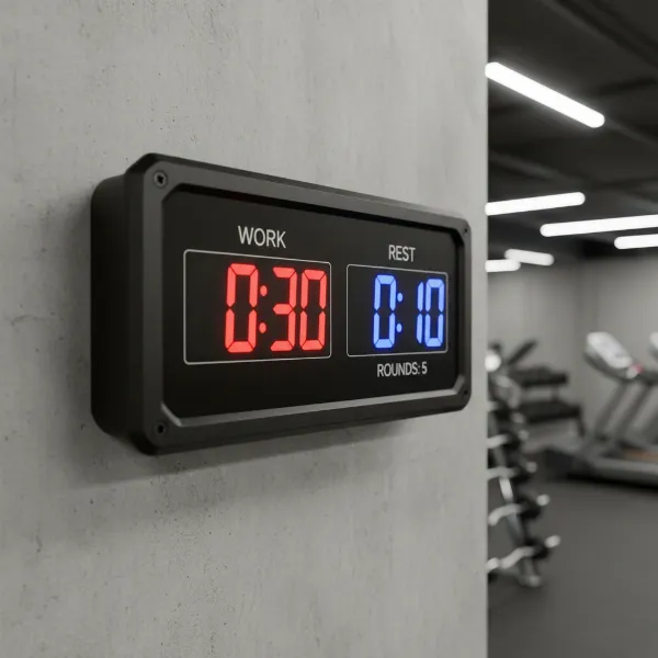 A modern digital gym interval timer displaying workout time and rest periods.