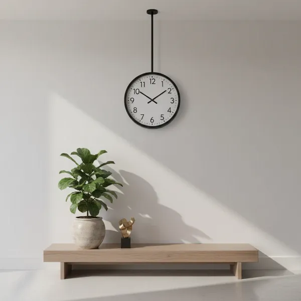 A stylish modern double-sided clock integrated into a minimalist hallway decor scheme