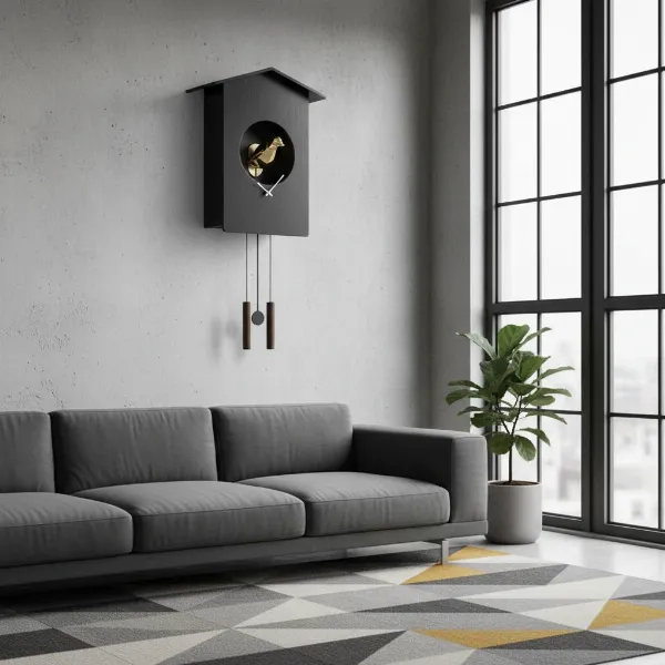 A sleek, minimalist cuckoo clock in a contemporary living space with clean lines.