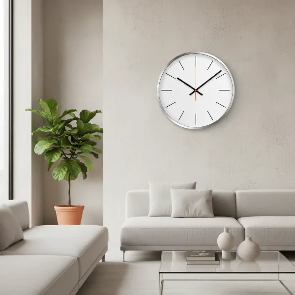A sleek, modern minimalist wall clock with a simple face and metallic frame.