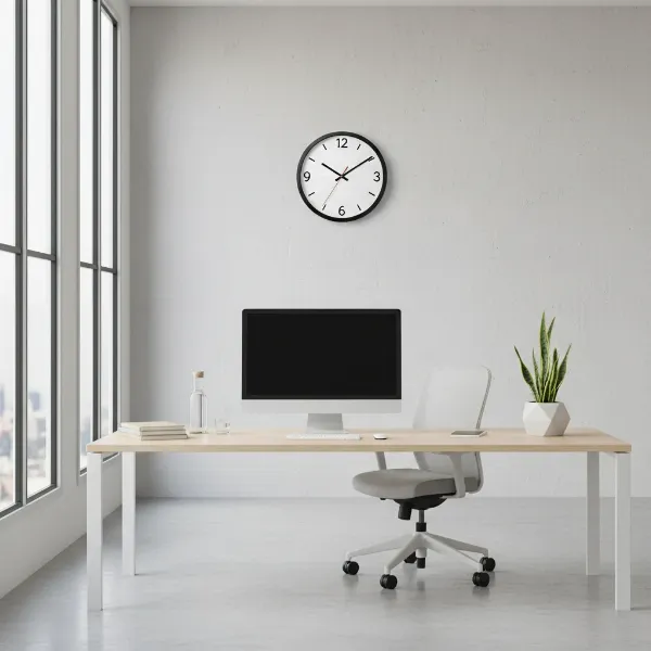 Seiko QXA520KLH wall clock integrated into a modern, minimalist office workspace design.