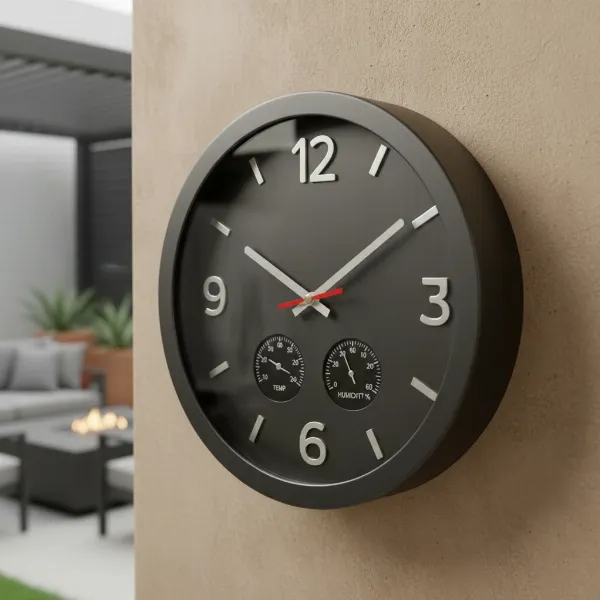 A stylish outdoor wall clock displaying time, temperature, and humidity on a modern patio.