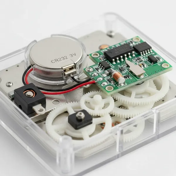 Modern quartz clock movement with battery, circuit board, and quartz crystal visible for precision.