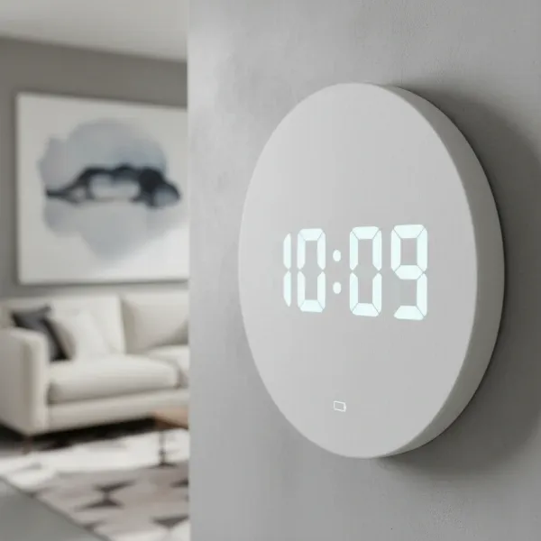A sleek, minimalist modern quartz wall clock showing digital time in a contemporary home.