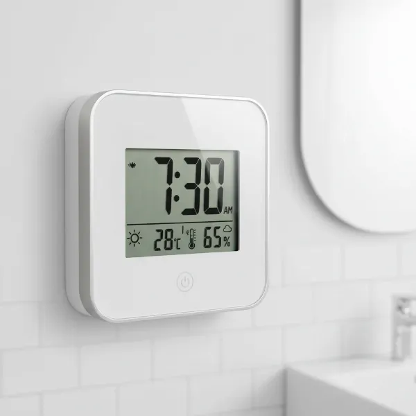 Close-up of a modern water-resistant digital bathroom clock with a clear display.