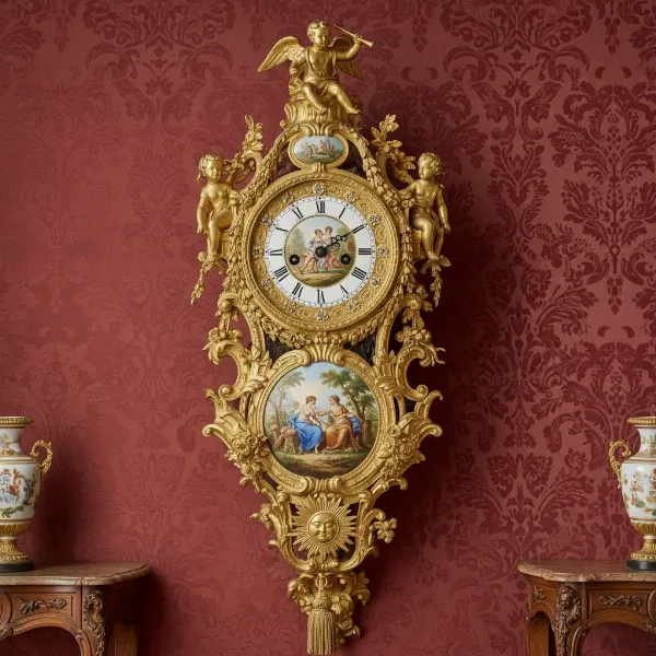 Intricately designed French vintage wall clock from the 18th century.