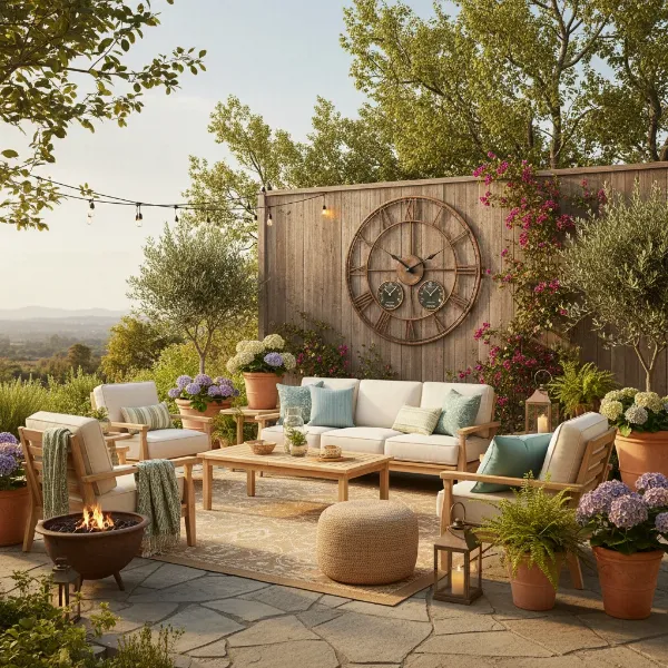 An elegant outdoor wall clock serves as a focal point in a beautifully decorated patio setting.