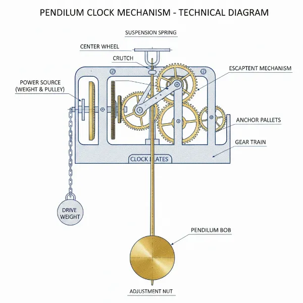 Diagram showing the internal mechanism of a pendulum clock with the pendulum bob highlighted.