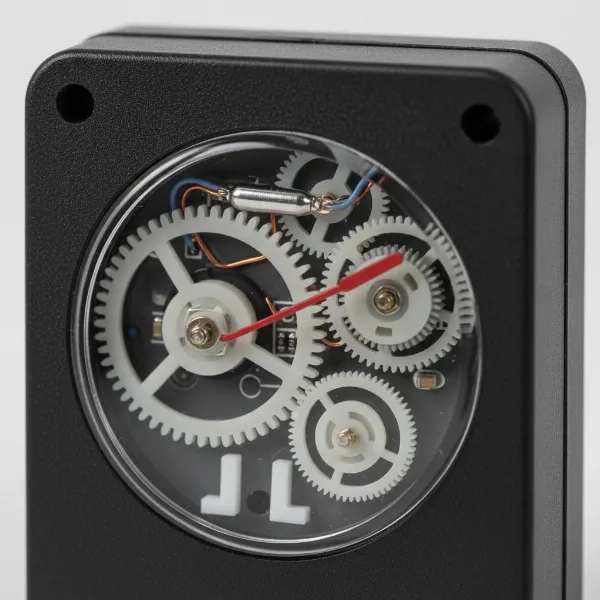 Internal view of a modern quartz clock movement, showing the crystal and gears for accurate timekeeping.