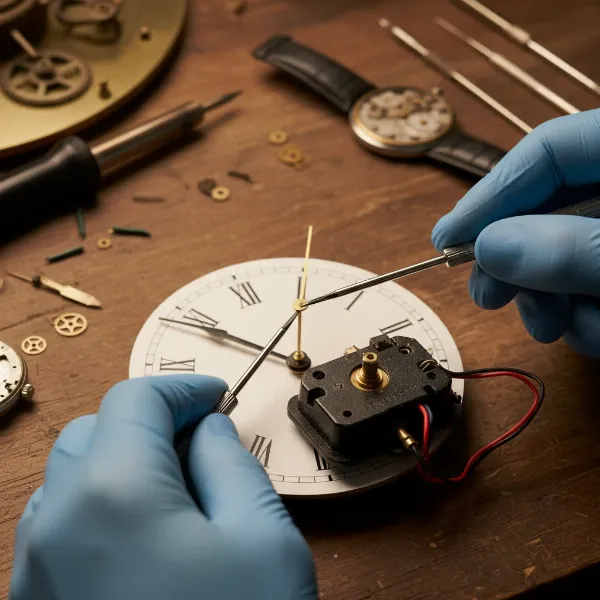 Hands carefully removing the minute and hour hands from a wall clock dial before detaching the old movement.