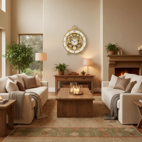 Rhythm Joyful Land clock as a decorative centerpiece in a warm, inviting living room.