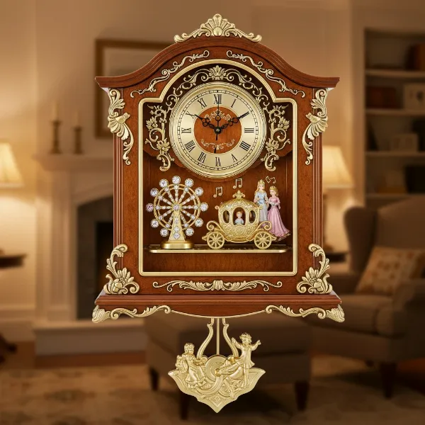 Rhythm Joyful Land musical motion clock with princess carriage, Ferris wheel, and Swarovski crystals.