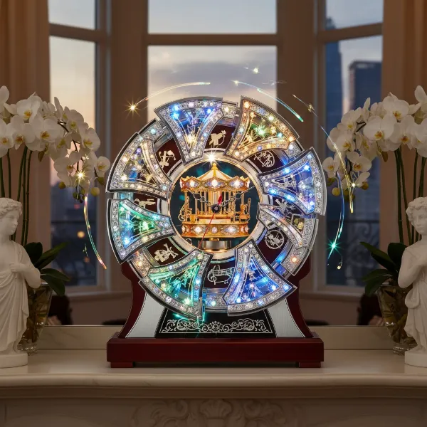 Modern Rhythm Magic Motion clock showcasing complex dial movements, rotating crystals, and LED lights.