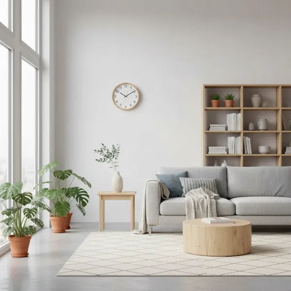 Lemnos Riki Wall Clock as a focal point in a modern Scandinavian-style living room.