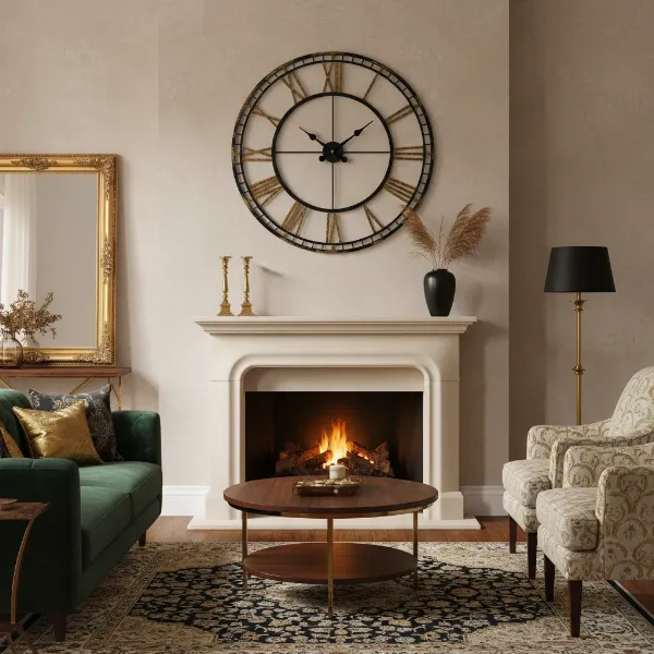 Howard Miller Rosario wall clock as focal point in a stylish living room