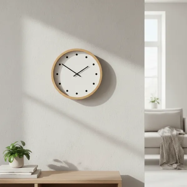 A minimalist wall clock with a light wooden frame, white face, and black hands in a Scandinavian interior.