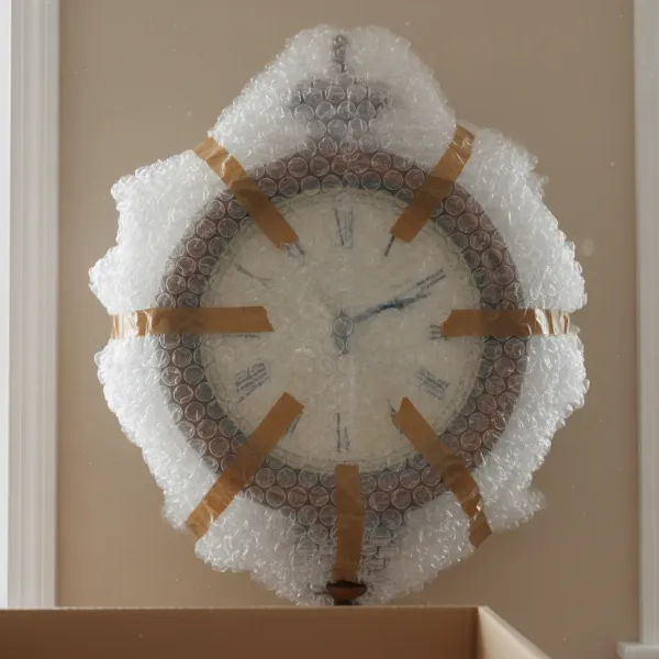 A wall clock completely encased in multiple layers of bubble wrap and secured with tape.