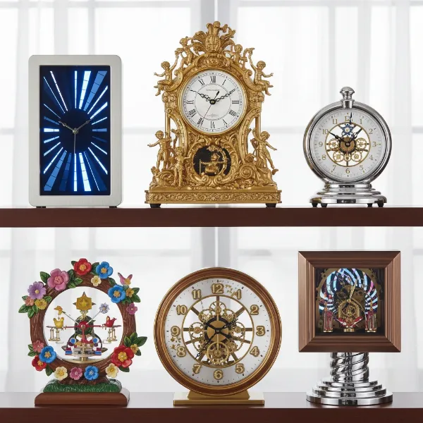 Diverse collection of Seiko Melody in Motion clocks showcasing various designs, shapes, and thematic craftsmanship.