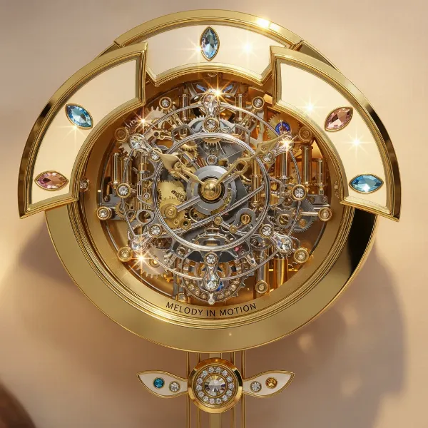 Seiko Melody in Motion clock with a dial splitting open, revealing sparkling crystals and intricate moving parts during its hourly performance.