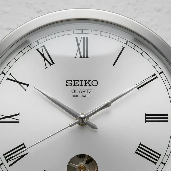Close-up of a Seiko quiet sweep clock mechanism showing the continuous, smooth motion of the second hand.