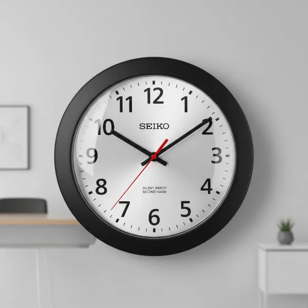 Close-up of Seiko QXA520KLH office wall clock with clear, bold numerals and silent sweep hand.