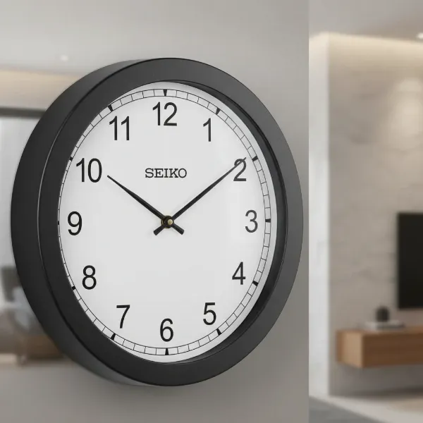 Close-up of a sleek Seiko QXA653KLH wall clock, showcasing its elegant design and clear dial
