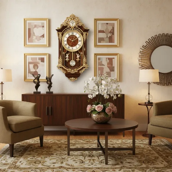 Seiko QXM275BRH musical wall clock as a centerpiece in an elegant living room