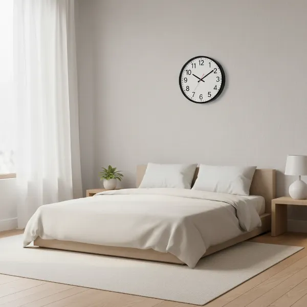 Silent, non-ticking wall clock in a peaceful bedroom with soft light and minimalist decor.
