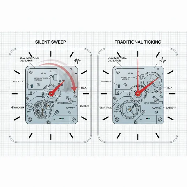 Internal mechanisms of a silent sweep clock versus a traditional ticking clock, highlighting smooth vs. jerky motion.
