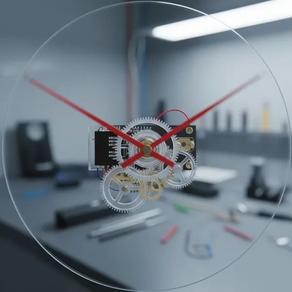 Close-up of a silent sweep quartz wall clock's mechanism, showing a smooth second hand.