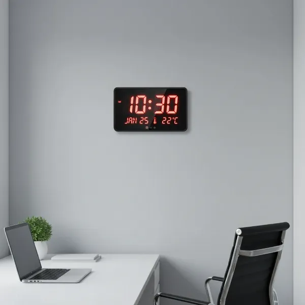 Sleek, black LED digital wall clock displaying time, date, and temperature in a modern office setting.
