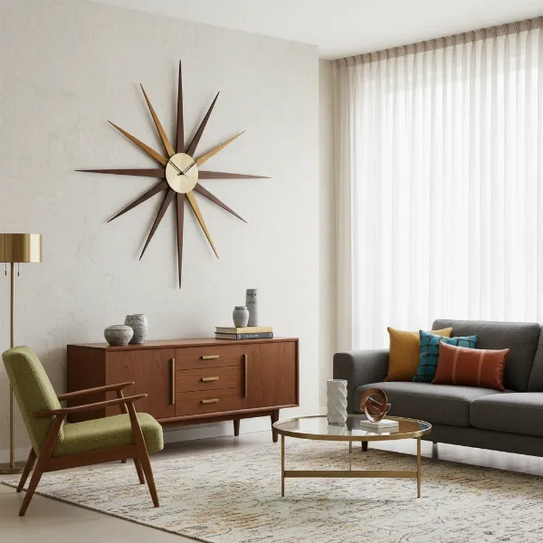 Mid-Century Modern living room with a prominent starburst clock as a focal point
