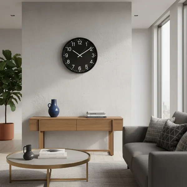 Jones Clocks Studio wall clock as versatile decor in a modern living room setting.