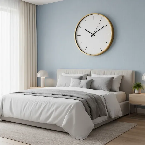 A stylish, large, non-ticking wall clock acting as a focal point above a modern bed.