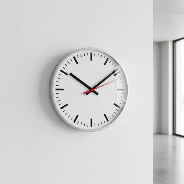 Iconic Mondaine Swiss railway clock on a white wall, showing minimalist design and red second hand