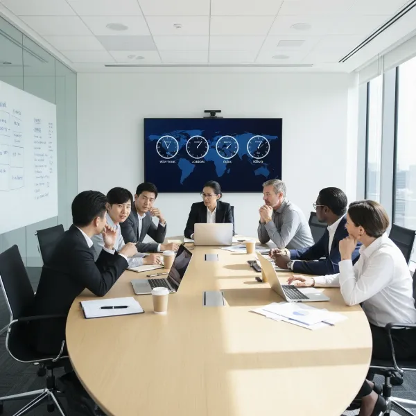 Diverse team members collaborating around a meeting room with a prominent world clock display.