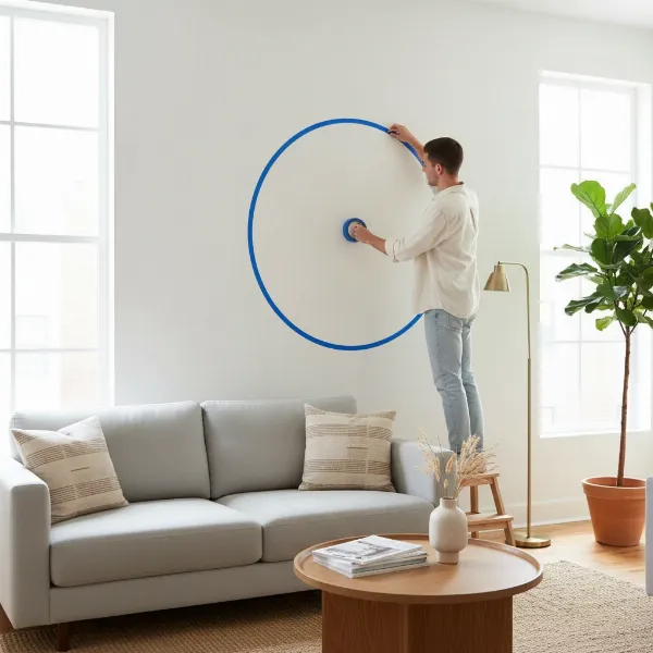 Person using painter's tape to visualize the ideal size and placement of a wall clock on a living room wall.