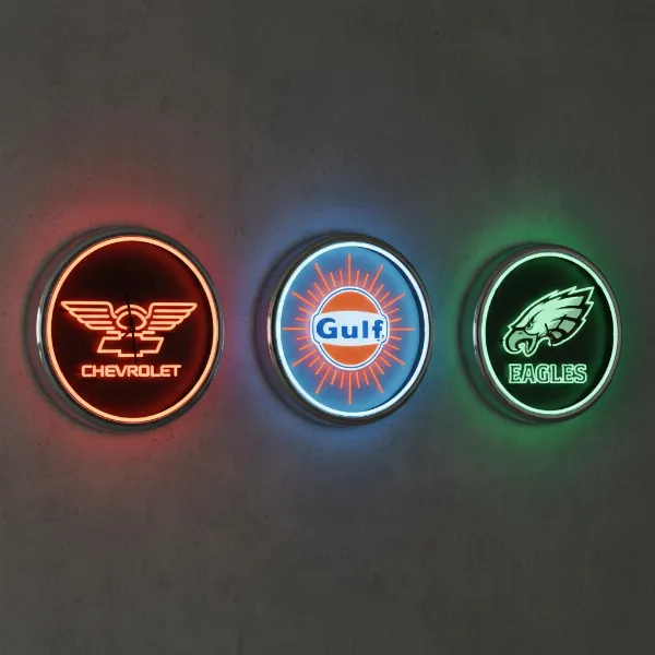 Assortment of themed neon wall clocks including automotive, gas station, and sports designs.
