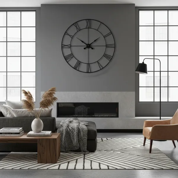 Large Infinity Instruments Tower Wall Clock as a focal point in a modern living room setting.