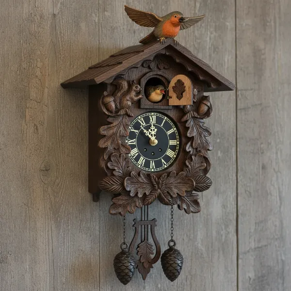 A finely detailed traditional Black Forest cuckoo clock with intricate carvings.
