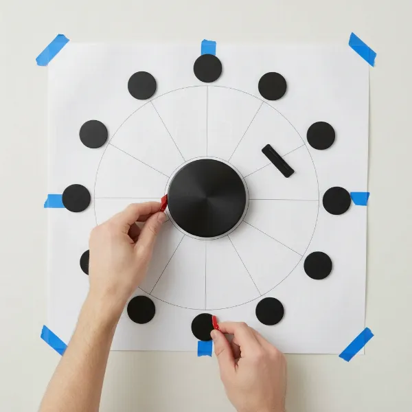 Person installing Umbra Blink wall clock using a paper template and adhesive indicators