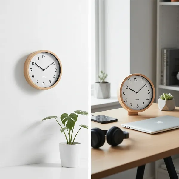 Umbra Rimwood clock displayed elegantly on a wall and a tabletop in a modern interior.