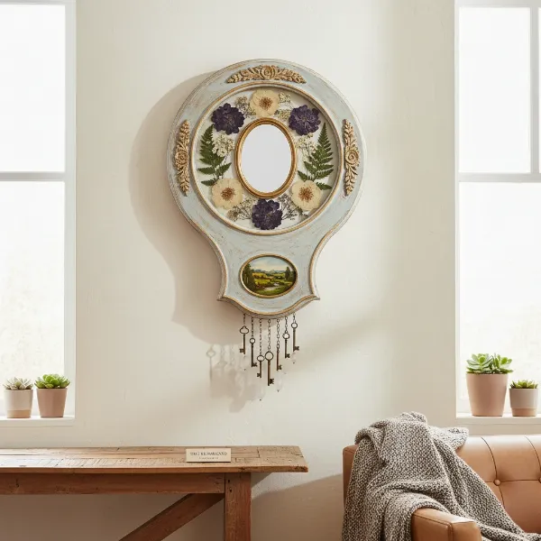 Creative art piece made from a repurposed plastic wall clock frame, showcasing upcycling potential.