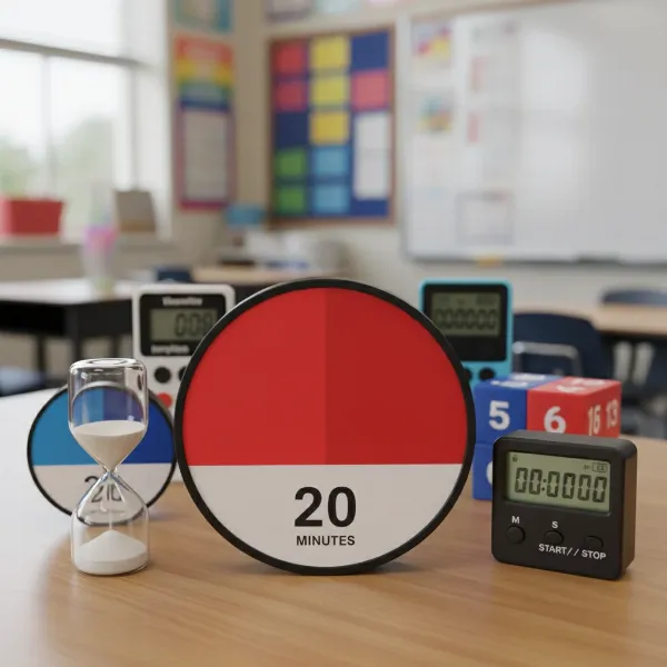 Assortment of classroom timers including a visual timer, an hourglass, and a digital timer.
